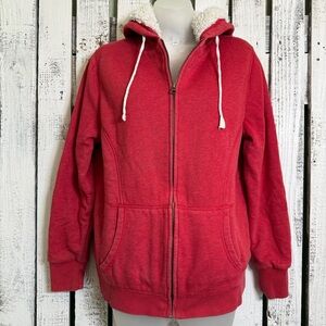 Old Navy Full Zip Hoodie Women’s Large Red Grunge Warm‎ Fuzz Lined Skater Jacket